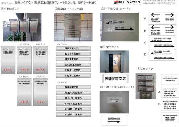 テナントビル総合案内看板・室内札文字入れ替え各所レイアウト案施工法